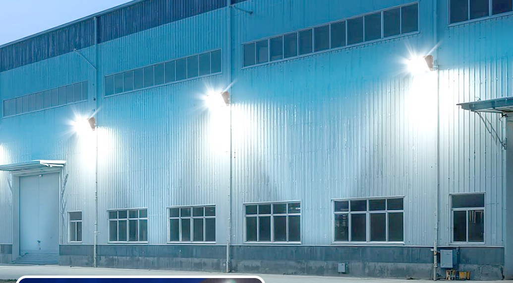 Commercial warehouse perimeter lit by wall packs at night